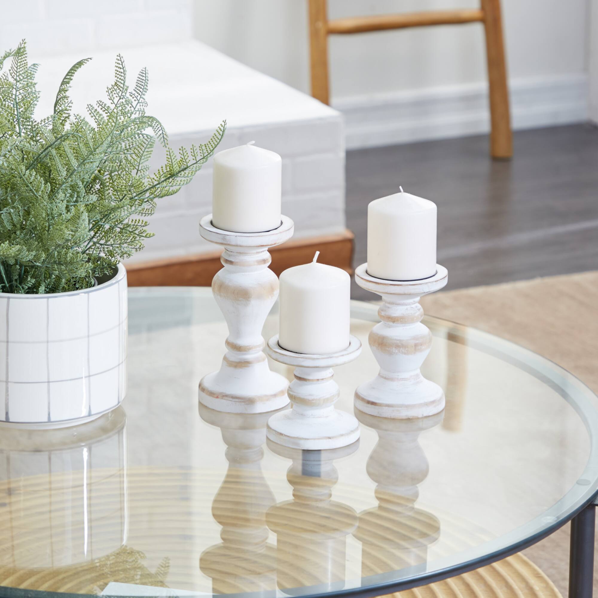 White Wood Farmhouse Candle Holder Set